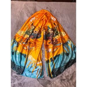 Silk Feeling‎ Scarf Peacock Floral Print Lightweight Shawl Wrap Orange Blue